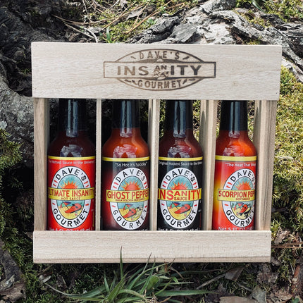 Dave's Insanity Hot Sauce 4 Pack in Wooden Crate (5 oz Bottles)